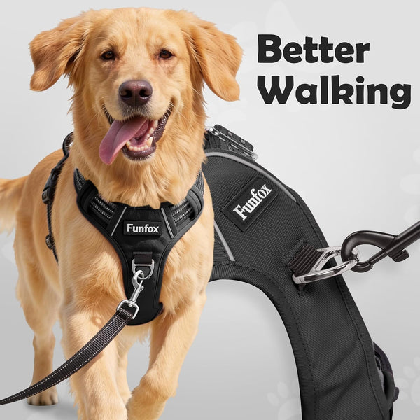 Funfox Dog Harness Medium Sized Dog, Vertical Handle Easy Control, No Pull Pet Vest Adjustable with 2 Leash Clips, Soft Material, Reflective Safe Night Walking for Small Medium Large Breed, Black, M2