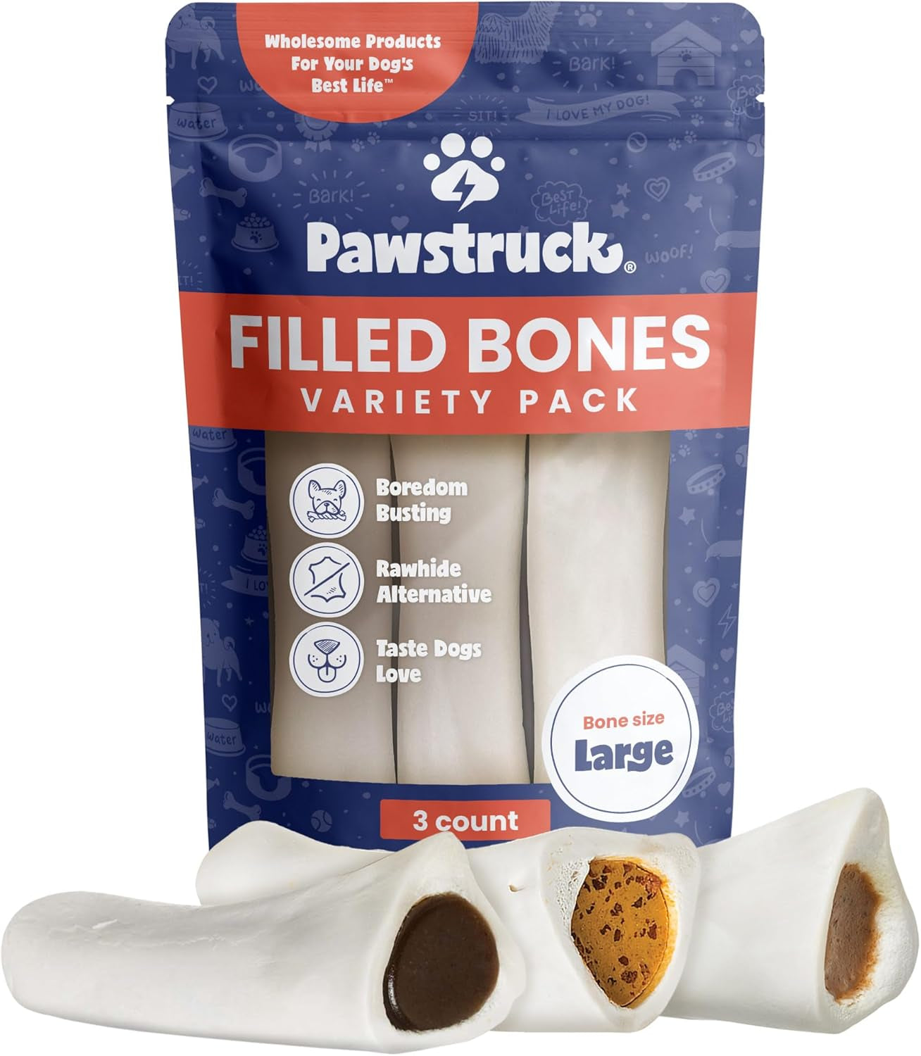 pawstruck-large-5-6-filled-dog-bones-variety-pack-peanut-butter-cheese-bacon-beef-flavors-made-in-usa-long-lasting-stuffed-femur-treat-for-aggressive-chewers-pack-of-3-packaging-may-vary