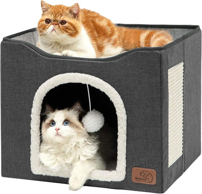 Bedsure Cat House Bed for Indoor Cats with Fluffy Ball and Scratch Pad,Grey | 16.5X16.5X13 In,Large Cat Cave for Multiple Pets,Foldable Cat Hideway Cube for Sleeping Kitten25