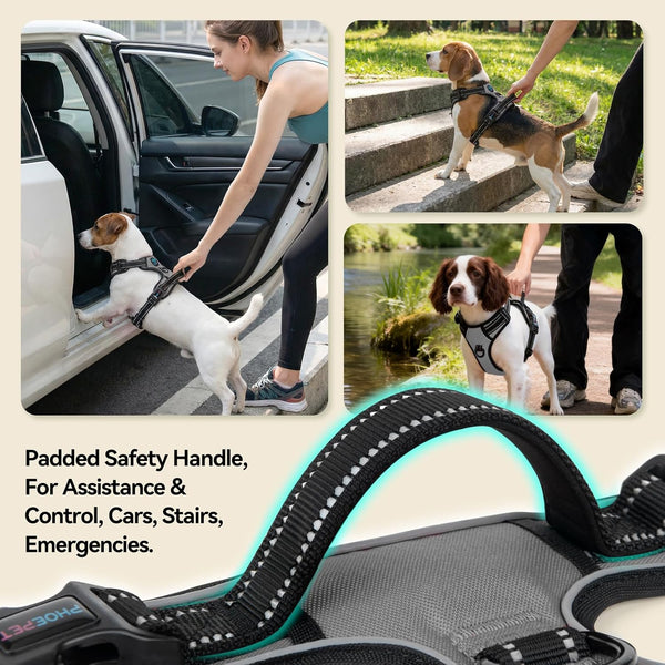 PHOEPET No Pull Dog Harness Medium Reflective Front Clip Vest with Handle, Adjustable 2 Metal Rings 2 Buckles(M, Grey)4