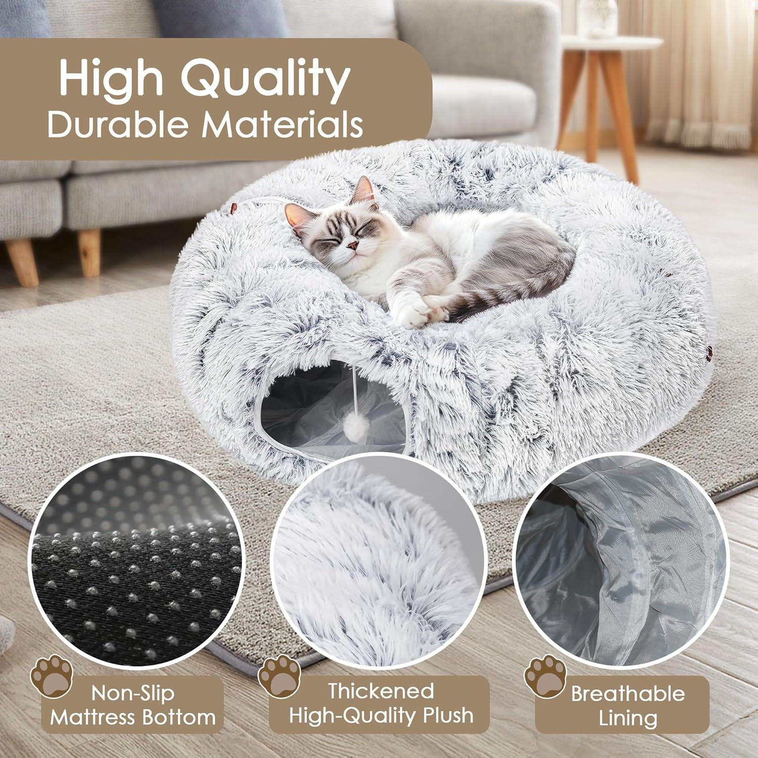 baseola-fuzzy-cat-tunnel-bed-for-indoor-cats-2-in-1-interactive-cat-toys-peekaboo-cat-cave-with-washable-mat-collapsible-cat-play-tunnel-for-kittens-small-pets-plush-cat-donut-bed-tunnel-grey