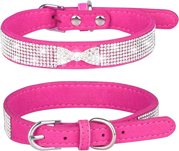 Rhinestone Dog Collar, Cute Dazzling Sparkling Soft Suede Leather Adjustable Pet Dog Cat Collar Crystal Diamond for Puppy Small Medium Large Dogs (XS:21 - 26Cm, Hot Pink-3)1
