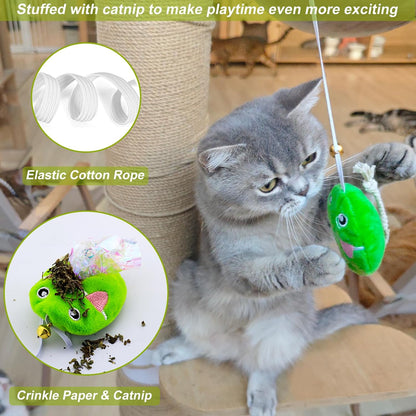 Interactive Cat Toy Wand with Catnip Mouse, Cat Teaser Wand Rainbow String for Bored Indoor Adult Cats and Kittens (2 Pack Mouse)2