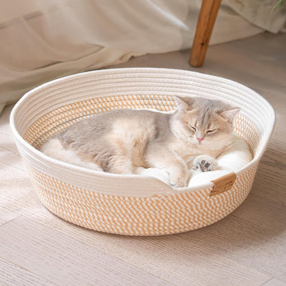 CHEERHOME PETS Cat Bed Basket with Cushion, Cotton Rope Woven Pet Bed for Indoor Cats Couch, Stimulicat Cat Bed Handwoven Breathable, All Season Universal (White)1