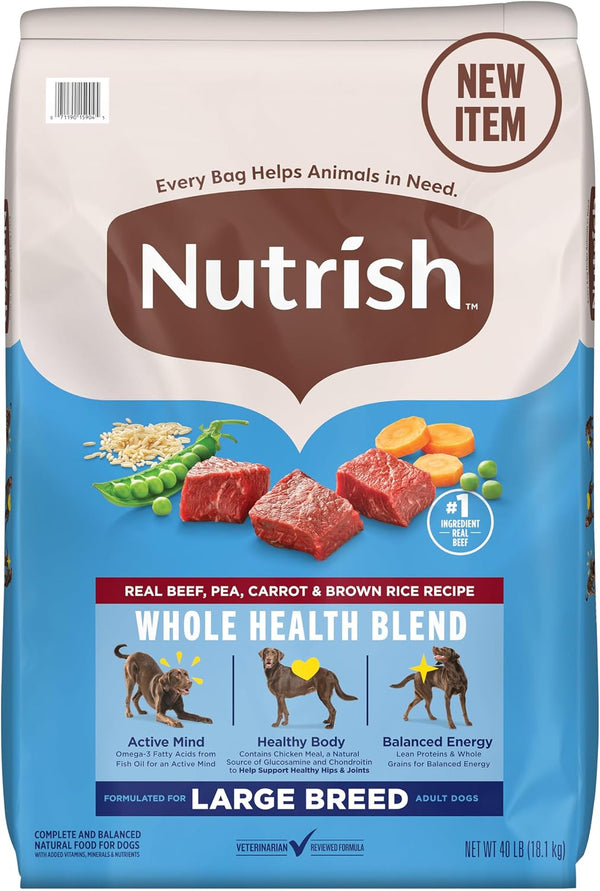 Nutrish Large Breed Dry Dog Food with Beef, 40 Lb. Bag (Rachael Ray) | Pea, Carrot & Brown Rice Recipe, Made with Real Protein to Support Lean Muscle Mass & Healthy Organs1