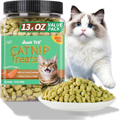 Just Try 13.4 OZ Crunchy Cat Treats Catnip Treats for Cats with Digestive Support, Natural Ingredients Kitten Treats with Real Salmon, Healthy Feline Snacks Training Biscuits Dental Care | Natural Chicken & Catnip. Crunchy Cleans Teeth, Fiber Reduces Hairballs. Perfect Training Rewards for All Cats.1