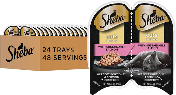Sheba Perfect Portions Cuts Wet Cat Food, Sustainable Salmon, 2.6 Oz, 24 Ct | Grain-Free, Sustainable Salmon, 48 Servings, No Fillers or Artificial Flavors, Essential Vitamins & Minerals, Twin-Pack Trays1