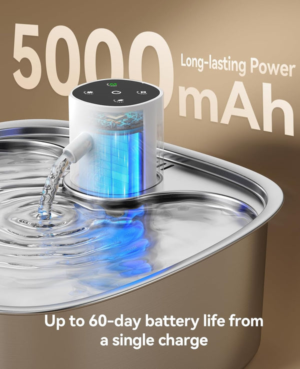 Cordless Wider Tray Dog Water Fountain, 5000Mah Battery Operated Dog Water Bowl Dispenser with 3 Motion Sensor, FEELNEEDY Stainless Steel Pet Water Fountain for Multi-Pets, Easy Setup & Clean, 8L4