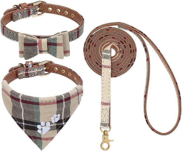 EXPAWLORER Puppy Collar and Leash Set - Embroidery Pawprints Plaid Dog Collar and Dog Leash Set, Bow Tie and Bandana Dog Collar with Bell, Cute Collar and Leash for Dogs Cats Outdoor Walking, Blue S24
