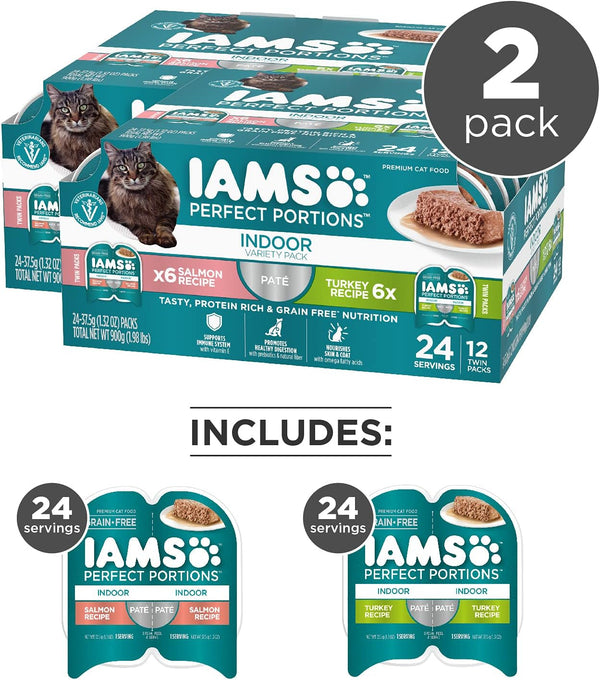 IAMS Perfect Portions Pate Wet Cat Food, Salmon & Turkey, 12 Count, 2-Pack | Grain-Free, Antioxidant Vitamin E for Immunity, Prebiotic Fiber for Digestion, Snap-Peel-Serve 2.6 Oz. Twin-Pack Trays2