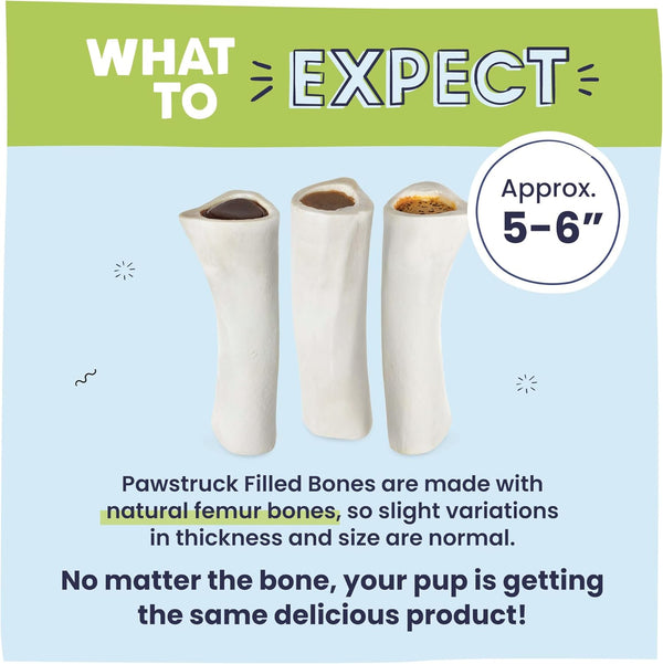 Pawstruck Large 5-6” Filled Dog Bones Variety Pack - Peanut Butter, Cheese & Bacon, Beef Flavors - Made in USA, Long Lasting Stuffed Femur Treat for Aggressive Chewers - Pack of 3, Packaging May Vary6