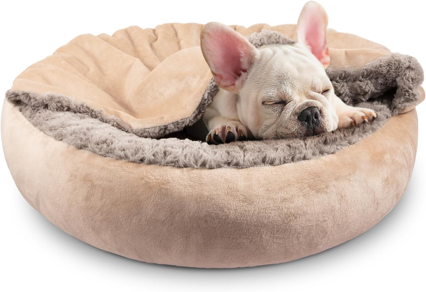 joejoy-small-dog-bed-cat-bed-with-hooded-blanket-cozy-cuddler-luxury-puppy-pet-bed-donut-round-calming-anti-anxiety-dog-burrow-cave-bed-anti-slip-bottom-and-machine-washable-23-inch
