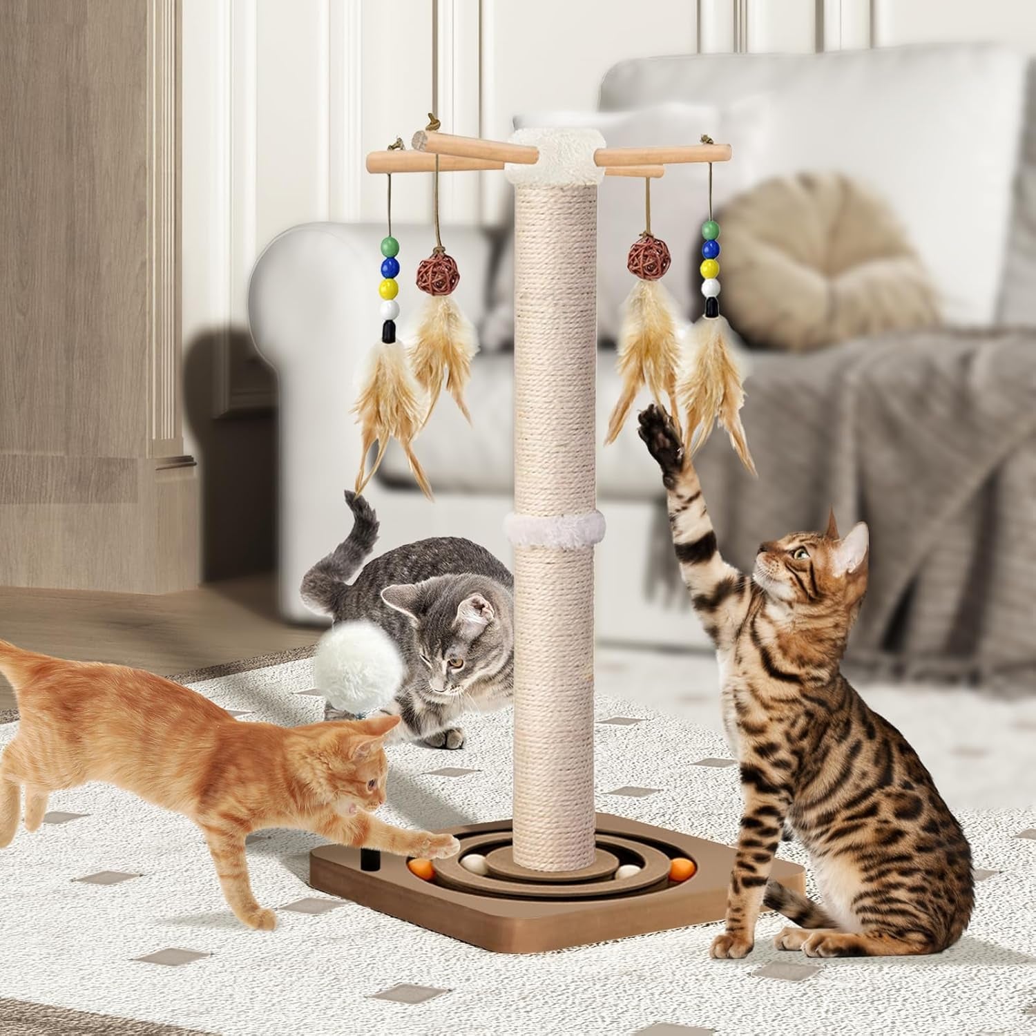 paroto-cat-scratching-post-sisal-cat-tree-tower-scratcher-for-indoor-cats-adults-with-interactive-toys-double-ball-track-2-mounting-methods-25-inches