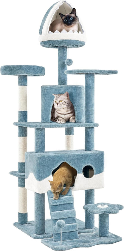 Yaheetech 72.5In Shark Cat Tree, Shark Mouth Bed, 2 Condos, Blue & White | Ocean-Themed Design, Multi-Level Layout, 2 Wide Perches, Interactive Toys, Sturdy Anti-Wobble, Spacious for Multi Indoor Cats1