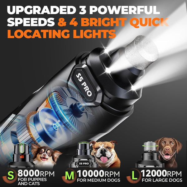 Whisper Quiet Dog Nail Grinder Safe & Stress-Free for Sensitive Dogs Cats | 4 LED Lights,3 Grinding Bits, 3-Speed, Pet Nail Trimmers, Rechargeable Painless Grooming Kit for All Breeds & Sizes3