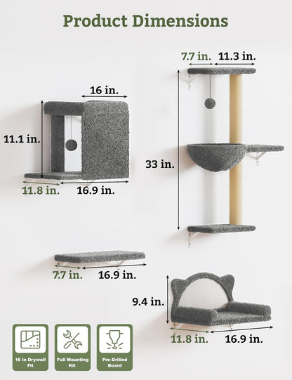 5-In-1 Cat Wall Shelves, Solid Wood Cat Wall Furniture Set for Indoor Cats | 44 Lb per Shelf, 72-Hour Load Tested, Pre-Drilled, Fits 16 In. Stud Drywall & Solid Walls, for Small to Medium Cats5