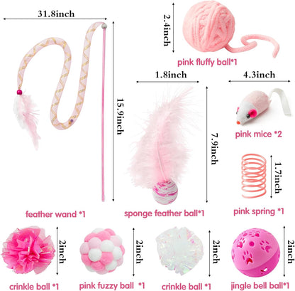 MALLMALL6 10Pcs Cat Toy Set Interactive Cat Toys Pack Including Feather Teaser Wand Cat Springs Mice Crinkle Balls and Pet Bell Balls, Puzzle Toys for Indoor Cats Gift (Pink)2