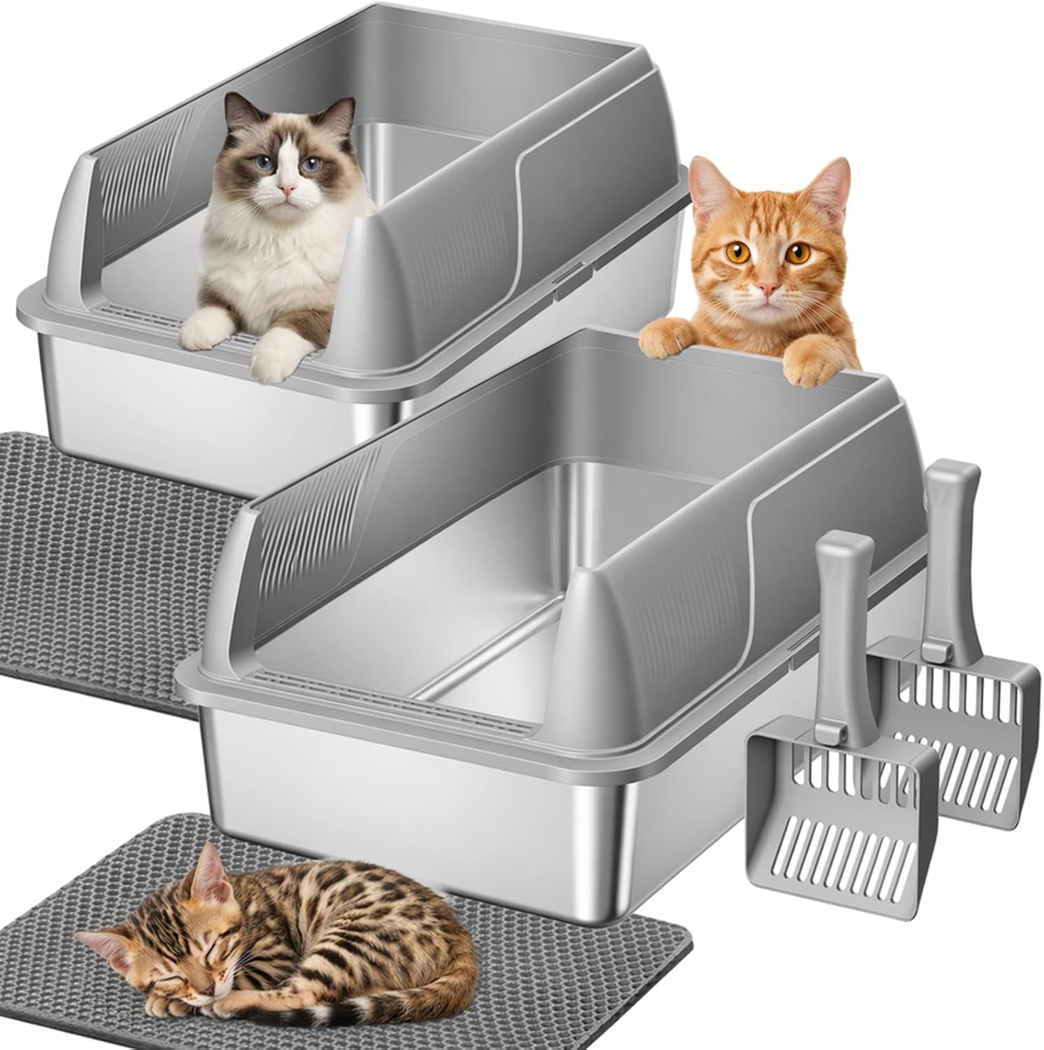 gimars-2-pack-xl-stainless-steel-cat-litter-box-for-big-senior-cats-multi-cat-metal-litter-pan-with-high-sides-odor-resistant-easy-clean-includes-litter-scoop-litter-mat-anti-slip-pads