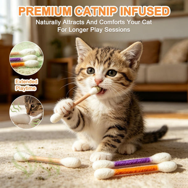 Ledeng Cotton Swabs Cat with Catnip, Swabs Catnip Toys Set of 6 Soft Plush Kicker Toys, Sturdy Teething Chew Toy (B)4