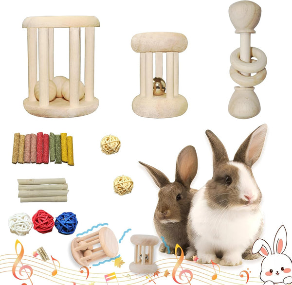 QWR 9PCS Wooden Bunny Toys,Safe Rabbit & Guinea Pigs Teeth Grinding Toy for Chinchillas, Hamsters & Small Animals - Indoor & Outdoor10