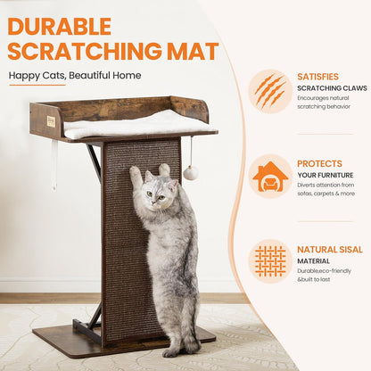Modern Wood Cat Tree Tower for Indoor Large Adult Cats with Big Perch Bed | 33.8In Tall Wooden Cat Trees with Platform, Cat Scratching Pads, Washable Cushions, Cat Furniture for Window, Rustic Brown4