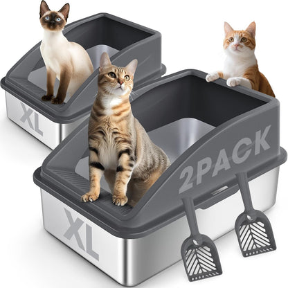 2 Pack Stainless Steel Litter Box | XL Enclosed Cat Litter Boxes with Lid for Big Cats and Multi-Cats | High Sided, Anti-Urine Leakage | Non-Stick Bottom（Dark Gray）1