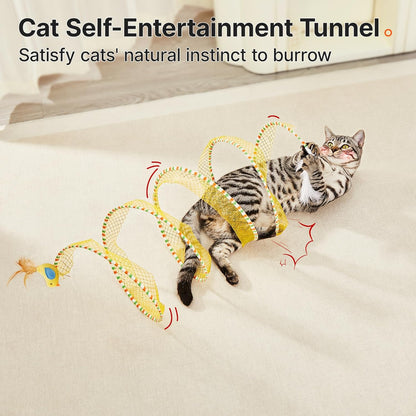 Potaroma Spiral Tunnel Cat Toy, Self Play Collapsible Spring Kitten Tunnel | for Indoor Cats, with Feather and Bell, 20 Inches Unfolded2