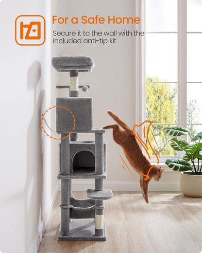 Feandrea Cat Tree, 59.5-Inch Tall Cat Tower, Plush Multi-Level Condo with 5 Scratching Posts, 2 Perches, 2 Caves, Hammock, 2 Pompoms, Light Gray UPCT192W018