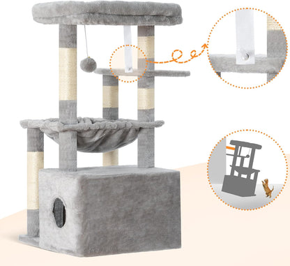 Heybly Cat Tree, Kitten Tower with Large Soft Cat Basket,Cat Condo with Spacious Cat Bed Cave with Hidden Space，Sisal-Covered Scratching Posts,Dangling Ball for Indoor Cats, Light Gray HCT008SW7