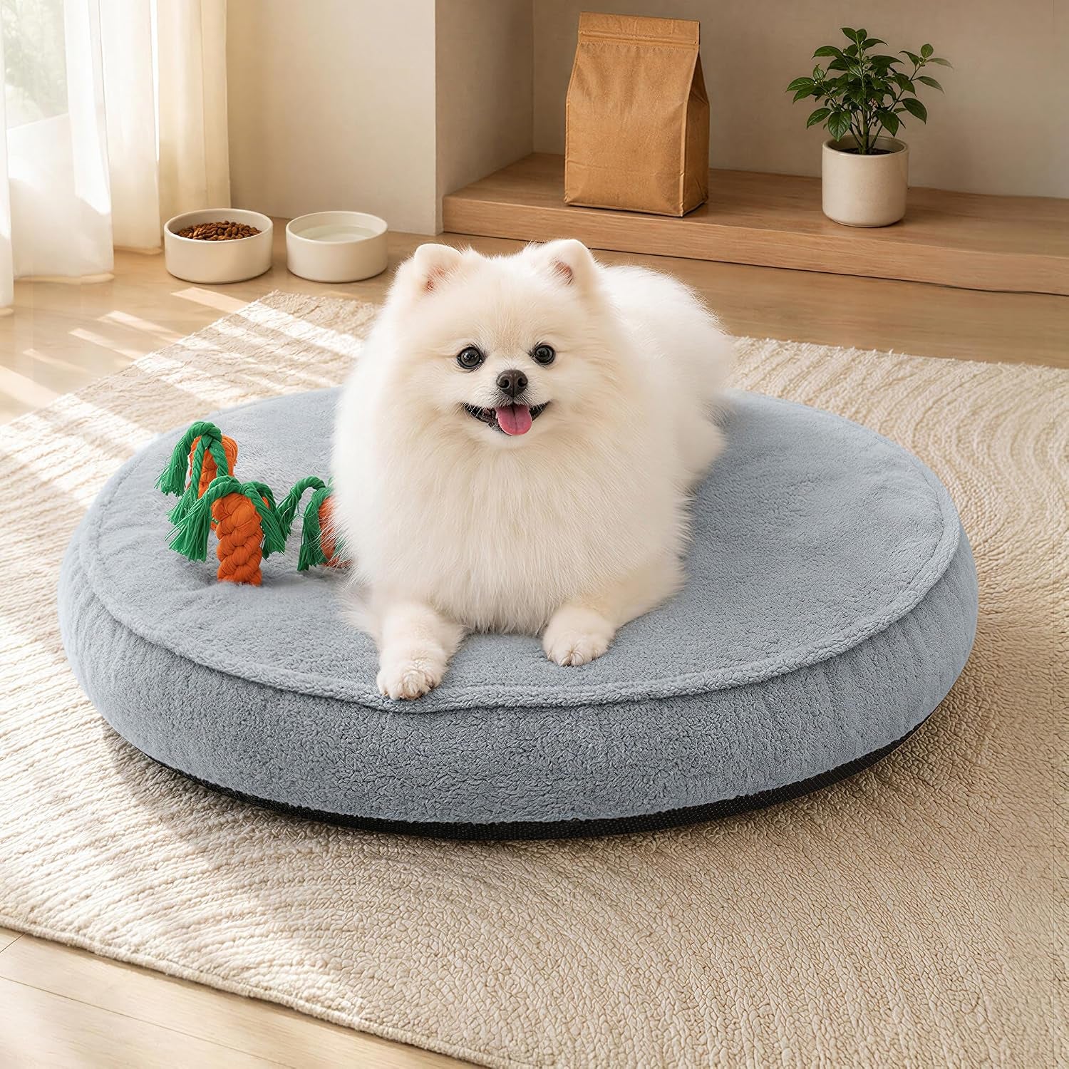 ksiia-puppy-bed-for-small-dogs-28-inch-washable-calming-plush-round-dog-bed-with-carrot-chew-toy-orthopedic-support-anti-anxiety-non-slip-base-for-puppies-cats-green