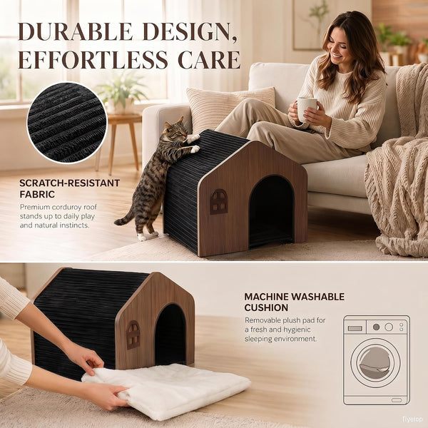 Modern Wooden Cat House Indoor – E0 Grade Enclosed Cat Cave Bed with Washable Cushion, Eco-Friendly Non-Toxic Pet Furniture for Kittens & Medium Cats up to 20 Lbs4