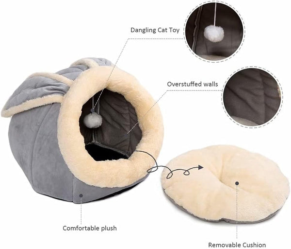 Cat Beds for Indoor Cats-Rabbit-Shaped Cat Cave Bed with Hanging Toy,Grey M | Super Soft Calming Cat Tent House for Kitten&Puppy,Warm Plush&Machine Washable&Removable Cushioned Pad,Cute Cat Hideaway8