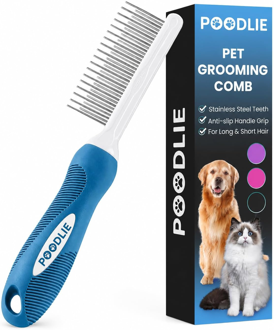 poodle-dematting-fur-rake-comb-brush-for-dogs-and-cats-long-2-5-steel-safety-blades-metal-comb-for-detangling-matted-or-knotted-undercoat-hair