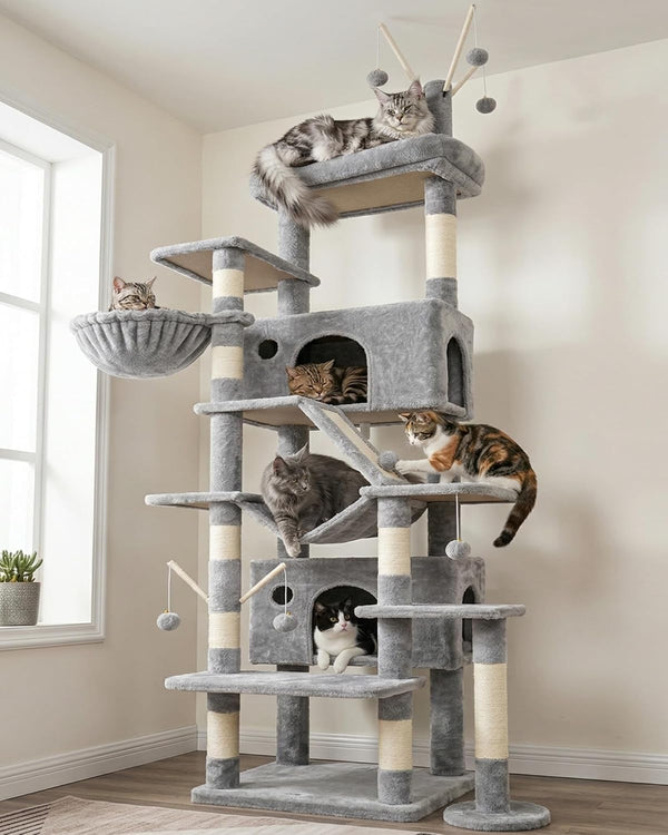 Hey-Brother Cat Tree Tower with Sturdy Supporting Posts, 2 Condos, MPJ082W- | 82.7 Inches Multi-Level Cat Tower with 5 Teaser Toys, Sisal Scratching Posts, Large Bed, Hammock for Indoor Cats, Light Gray1
