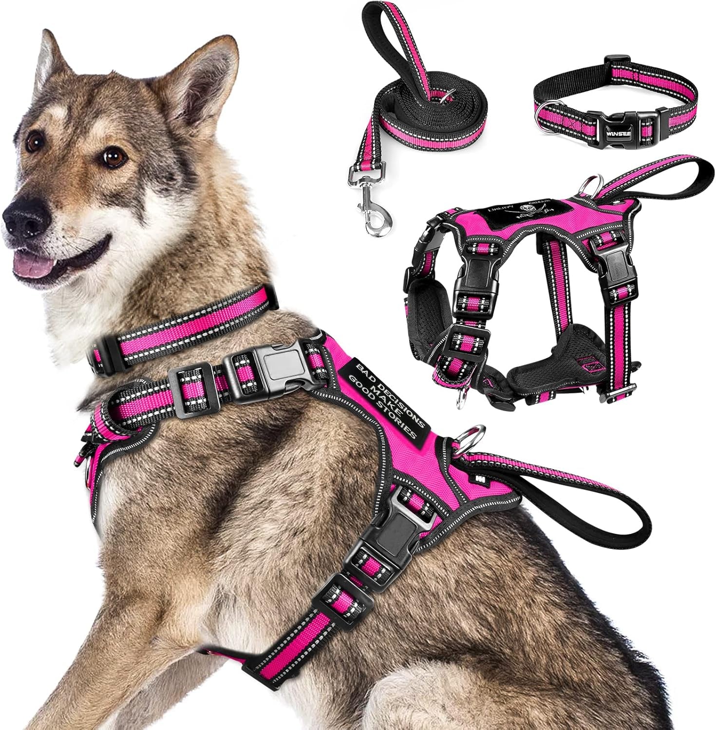 winsee-pet-harness-collar-and-leash-set-all-in-one-reflective-dog-harness-no-pull-with-adjustable-buckles-for-puppies-small-medium-large-and-extra-large-dogs-large-pink