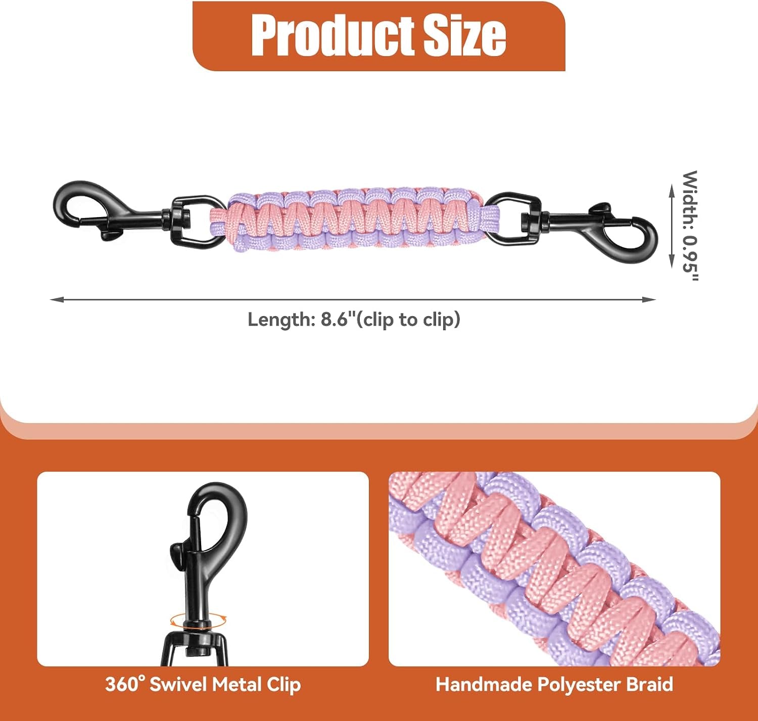 dog-collar-safety-clip-with-dual-clasps-handmade-backup-safety-strap-for-dog-harness-collars-and-no-pull-harness-connectors-pink-light-purple