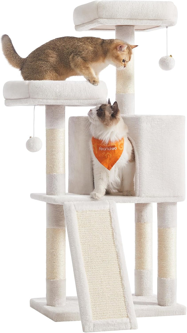 Feandrea Cat Tree, 45.3-Inch Cat Tower, Plush Condo Scratching Post, White | 45.3-Inch Cat Tower, Plush Condo with Scratching Post, Ramp, Perch, Spacious Cave, Cream White1