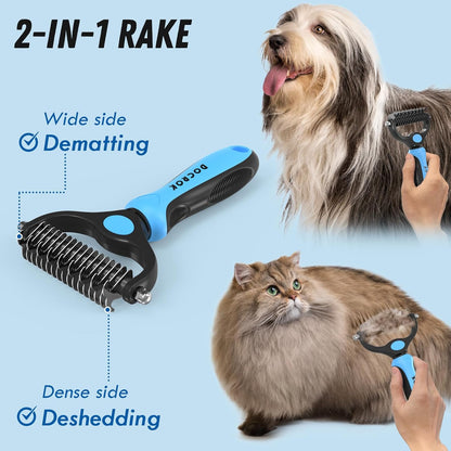 Docrok Pet Grooming Combo - Blue Deshedding Brush with Metal Comb for Detangling and Dematting Long, Matted Fur on Cats and Dogs2