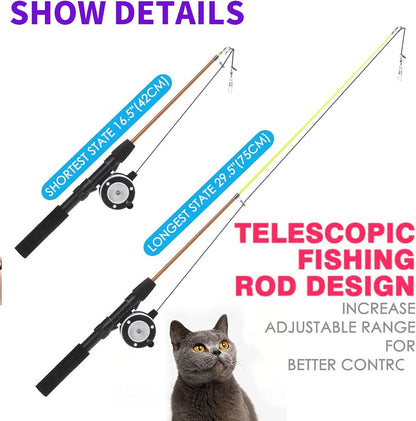 Retractable Cat Teaser Wand Toy, Cat Toys for Indoor Outdoor Cats Interactive Fishing Rod with 8 Pcs Refills Feather Toy, Plush Mouse Caterpillar & Fish4