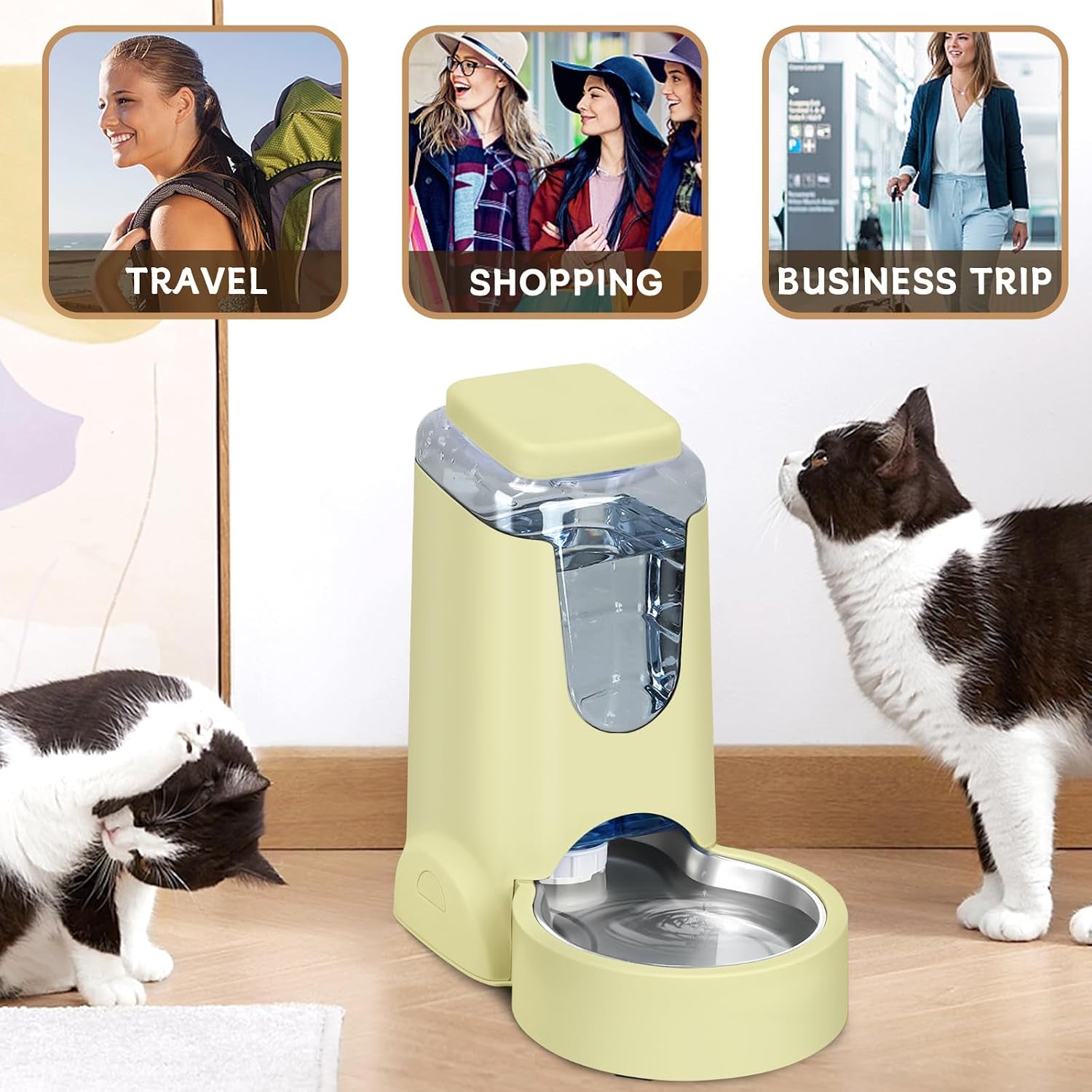 hwonmte-portable-automatic-cat-feeder-and-water-dispenser-with-stainless-steel-bowl-dog-gravity-food-feeder-and-waterer-for-small-medium-pets-puppy-kitten-1-gallon-x-2-cream-yellow