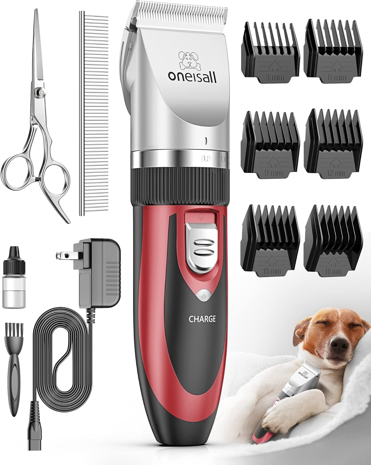 oneisall-dog-clippers-grooming-kit-for-dogs-cats-pets-low-noise-rechargeable-cordless-long-battery-life-simple-for-beginners-6-guide-combs-removable-rinsable-blade