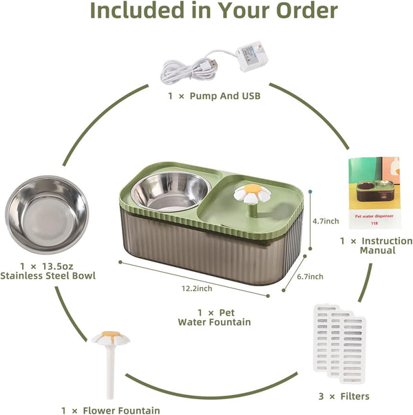 Cat Water Fountain and Food Bowl, 3L/101Oz Ultra Quiet Pet Water Dispenser with Smart Pump and 3 Replacement Filters, Automatic Flower Fountain & Stainless Steel Bowl (Black & Green)3