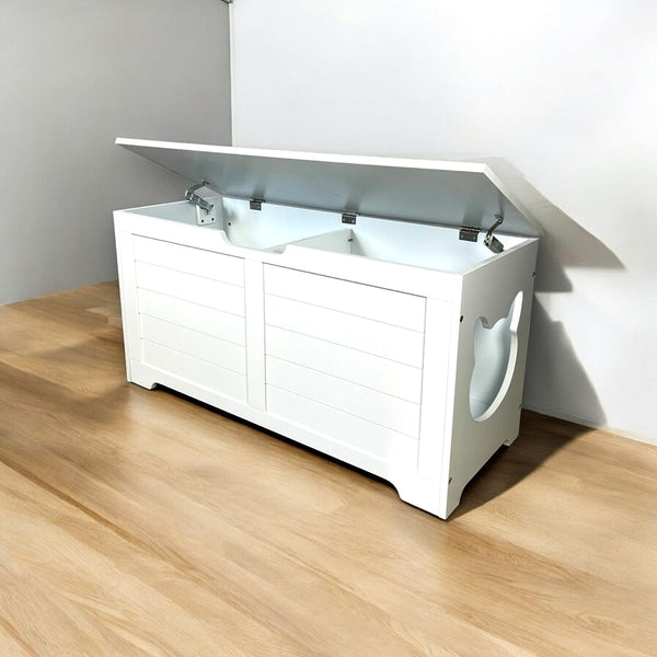 39.4" Cream White Cat Litter Box Enclosure Furniture, Hidden Litter Box Cover with Storage Platform, Indoor Cat Washroom & End Table for Large Cats7