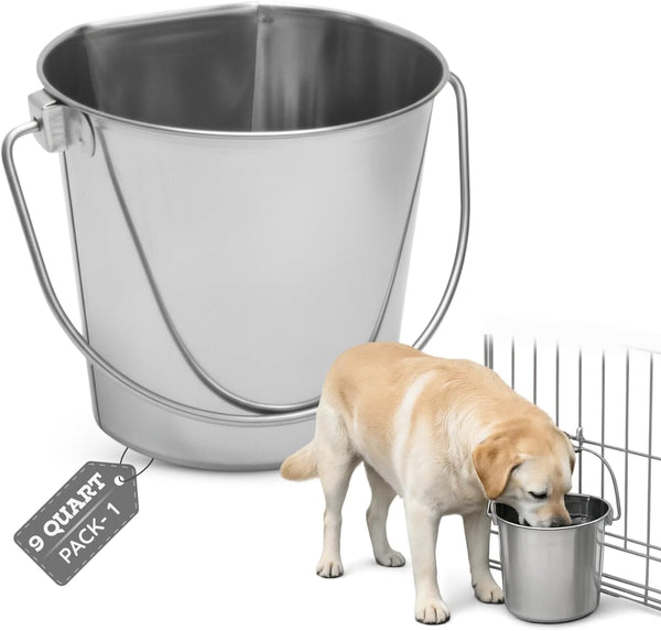 9 Quart Stainless Steel Flat Side Bucket | 2.25 Gal Durable Heavy Duty Food & Water Feeding Pails for Dog Goat Sheep Horse | Fits Kennel Cage Critter Crate Hanging Pet Pail | Multipurpose1