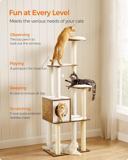 Feandrea Cat Tree, 64.6-Inch Modern Cat Tower, Multi-Level Condo with 5 Scratching Posts, Perch, Washable Removable Cushions, Cave, Rustic Brown UPCT166X013