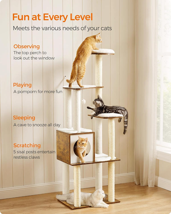 Feandrea Cat Tree, 64.6-Inch Modern Cat Tower, Multi-Level Condo with 5 Scratching Posts, Perch, Washable Removable Cushions, Cave, Rustic Brown UPCT166X013