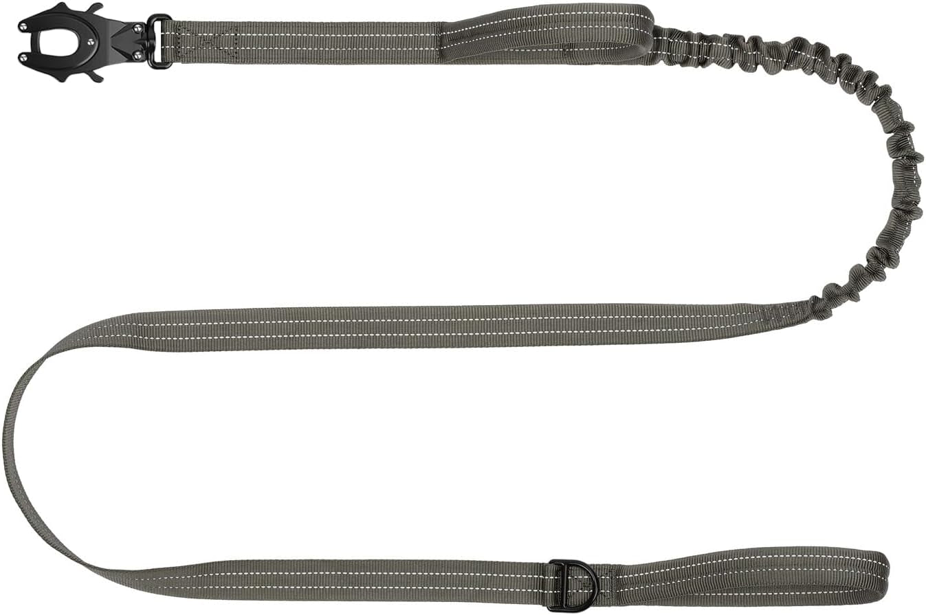 icefang-tactical-dog-leash-with-quick-release-metal-clasp-bungee-dog-lead-with-2-control-handles-hands-free-d-ring-reflective-4ft-length-for-medium-large-dogs-brown