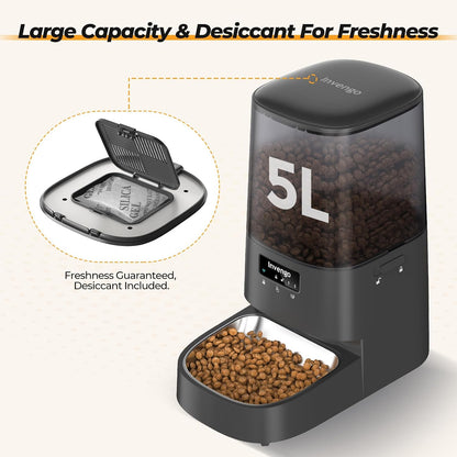 Automatic Cat Feeder with App Control, 5L Food Dispenser for Cats and Small Dogs, 2.4/5G Wi-Fi, Programmable Portions, Anti-Jam & Fresh-Lock, Stainless Steel Bowl, Easy to Clean2