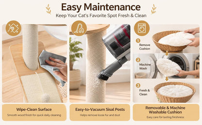 Modern Wooden Cat Tree for Indoor Cats, Furniture Style Cat Tower with Handwoven Basket and Soft Cushion, Acrylic Space Capsule, Sisal Scratching Posts & Interactive Play Ball, 38" Cat Condo8
