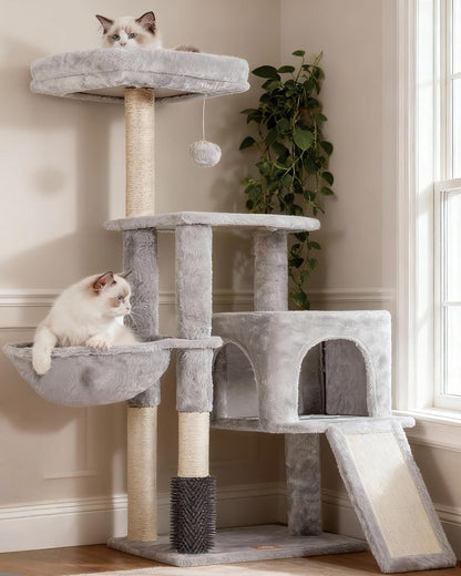 Heybly Cat Tree, 45.3-Inch Cat Tower for Indoor Cats with Large Perch, All-In-One Cat Furniture with Cozy Bed, Hidden Space Cat Condo, Comfy Hammock, Scratching Posts & 3 Pompoms, Light Gray HCT202SW13